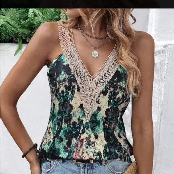 Brand new Teal Leopard Tan Lace Vneck Tank! - Picture 2 of 12